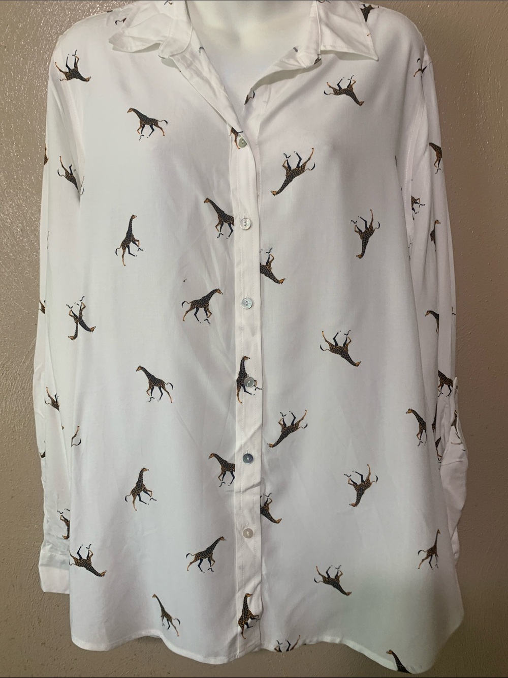 Jane and Delancey size L White Button-Down Shirt  Brown Giraffe Print NWT